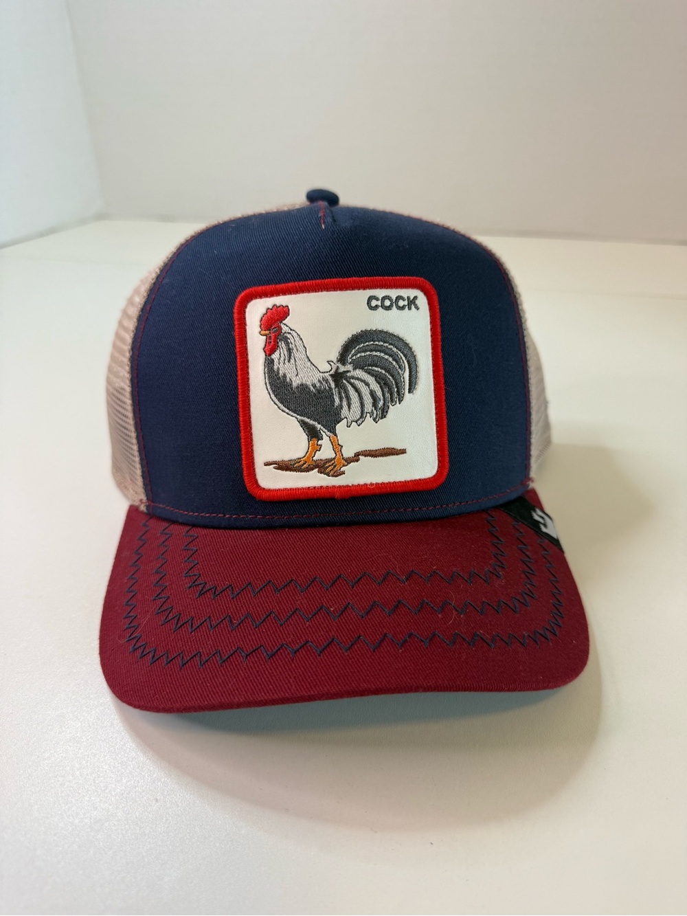 The Farm Goorin Bros Trucker Cap with Rooster Patch - Navy & Burgundy